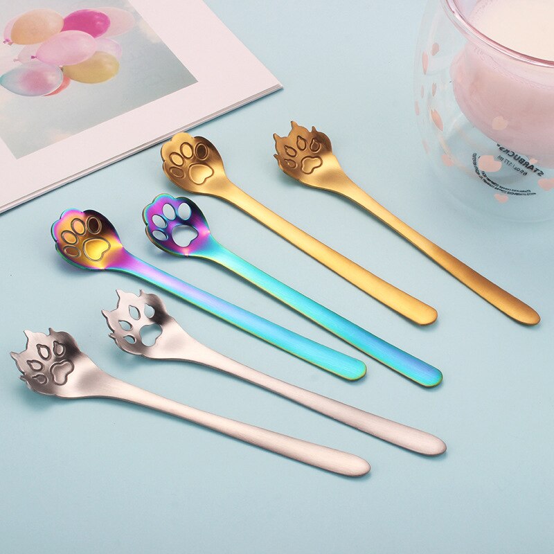 304 Stainless Steel Cat Dog Paw Claw Coffee Tea Milk Spoons Hollow Dessert Spoon Stirring Gold Spoon Cute Kitchen Tools