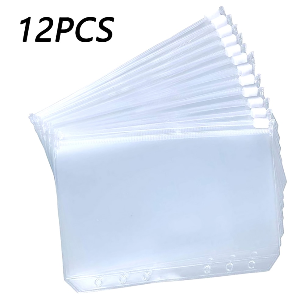12PCS Binder Pockets A5 A6 A7 Binder Zipper Folders for 6-Ring Notebook Binder Transparent Loose Leaf Pouch Document Filing Bags