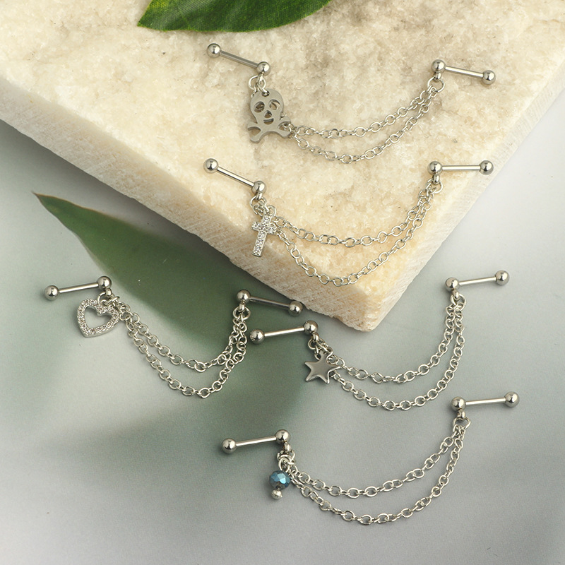 1pc Chain Earrings Stainless Steel Simple Industrial Piercing Love Heart Cartilage Helix Barbell Jewelry for Women