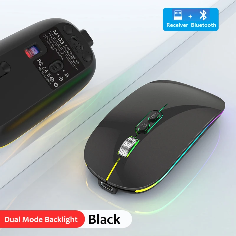Dual Mode Bluetooth 2.4G Draadloze Muis One-Click Desktop Functie Type-C Oplaadbare Stille Achtergrondverlichting Muizen Voor Laptop Pc Nieuw: Black