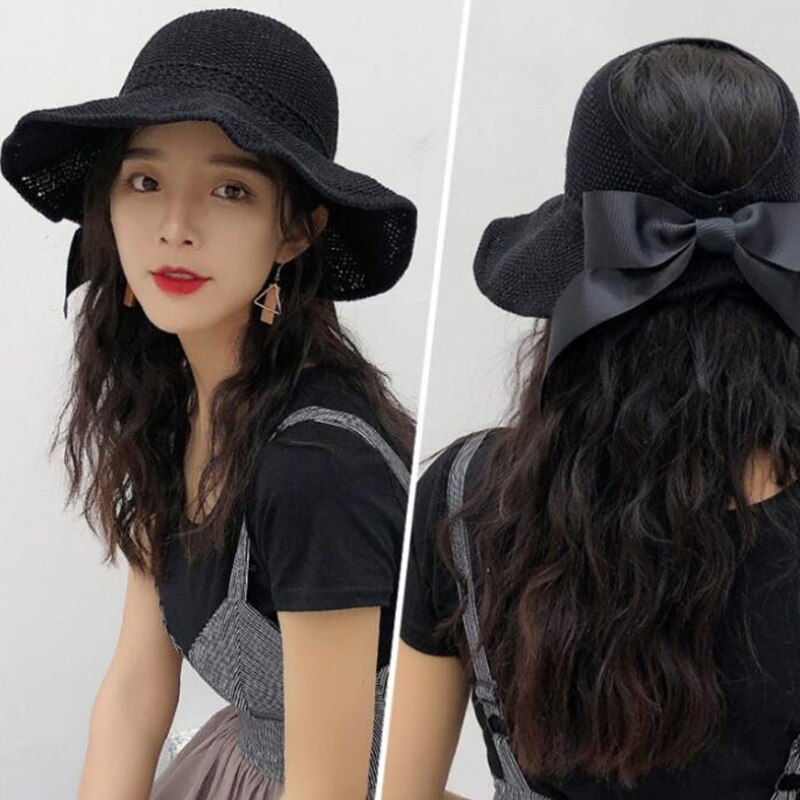 Visera de malla tejida para mujer, gorro de playa con lazo, Top abierto enrollable, ala ancha empaquetable, sombrero de protección solar UV de viaje para verano
