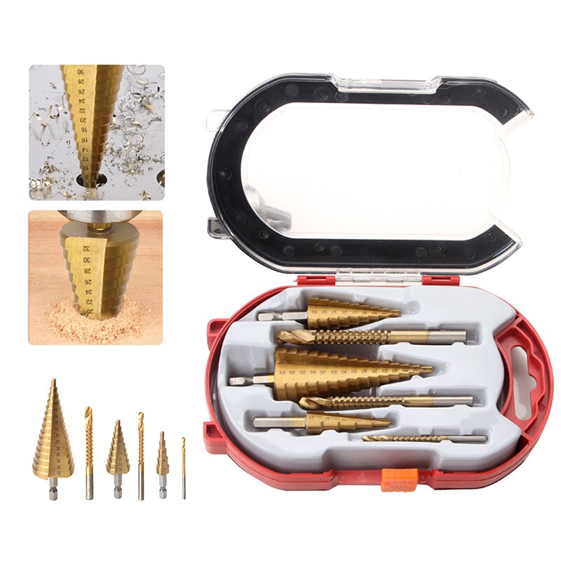 Stegborr och borrkrona fräs 6 st/set försänkning för metall/trä，borr för metallkon 32mm, -stegs ljus