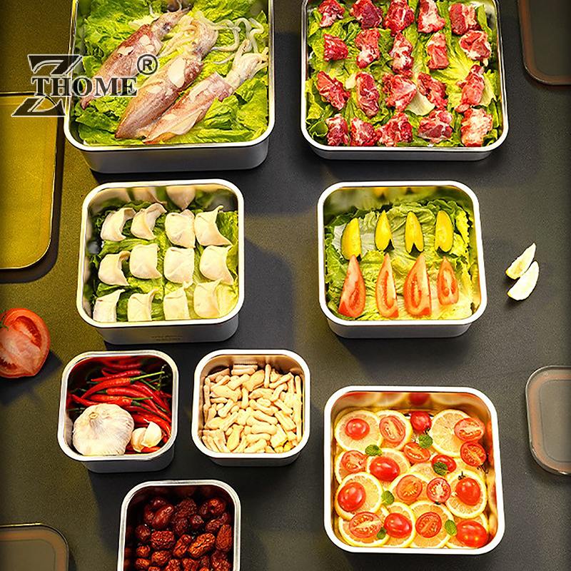 Roestvrijstalen Voedselcontainer Vers Bewaardoos Verzegeld Deksel Crisper Lunch Maaltijd Voorbereiding Opslag Koelkast Keuken Set Ronde Vierkante Kom