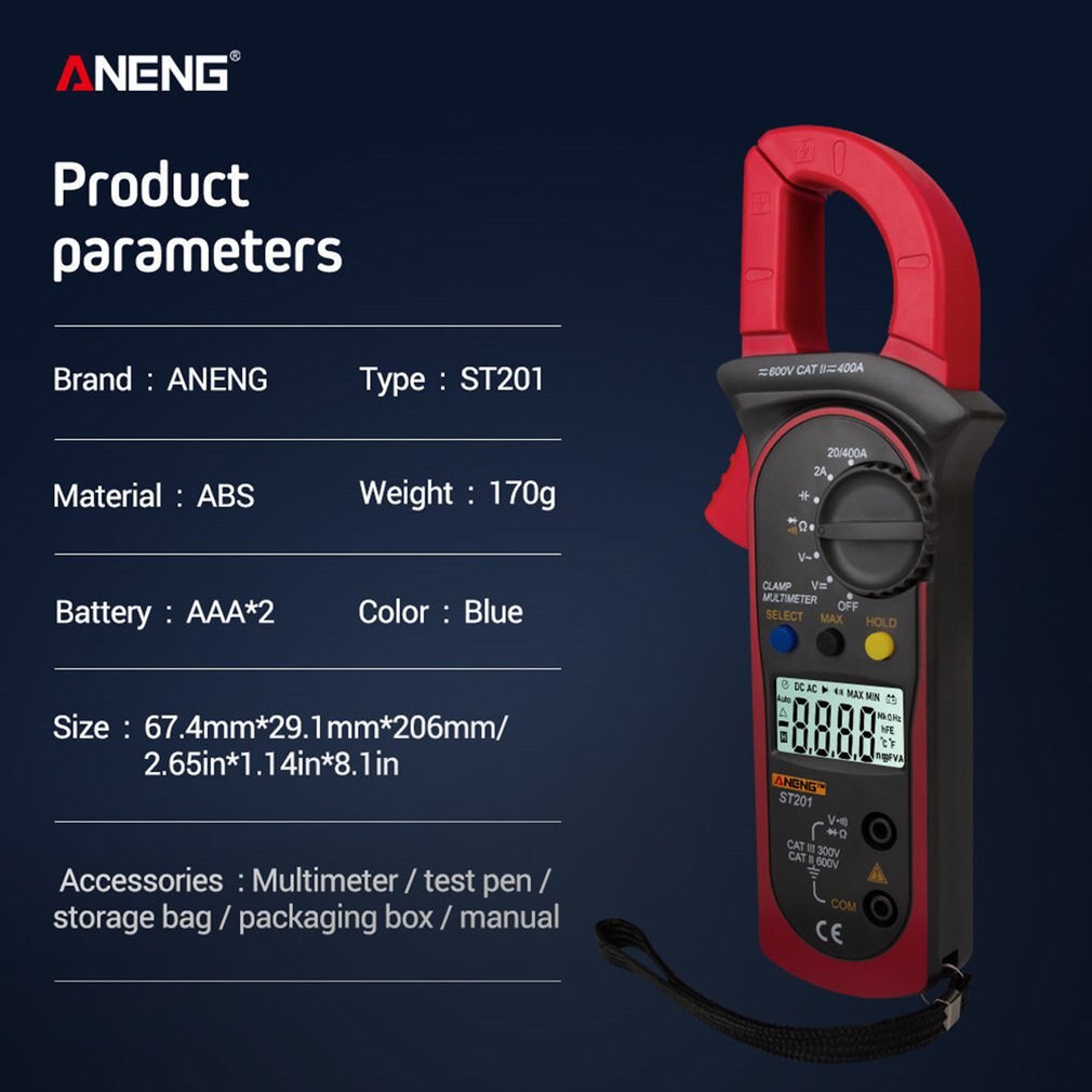 ST201 Counts Digital Clamp Meter Multimeter DC/AC Voltage Ammeter Resistance Capacitance Diode Tester Data Hold