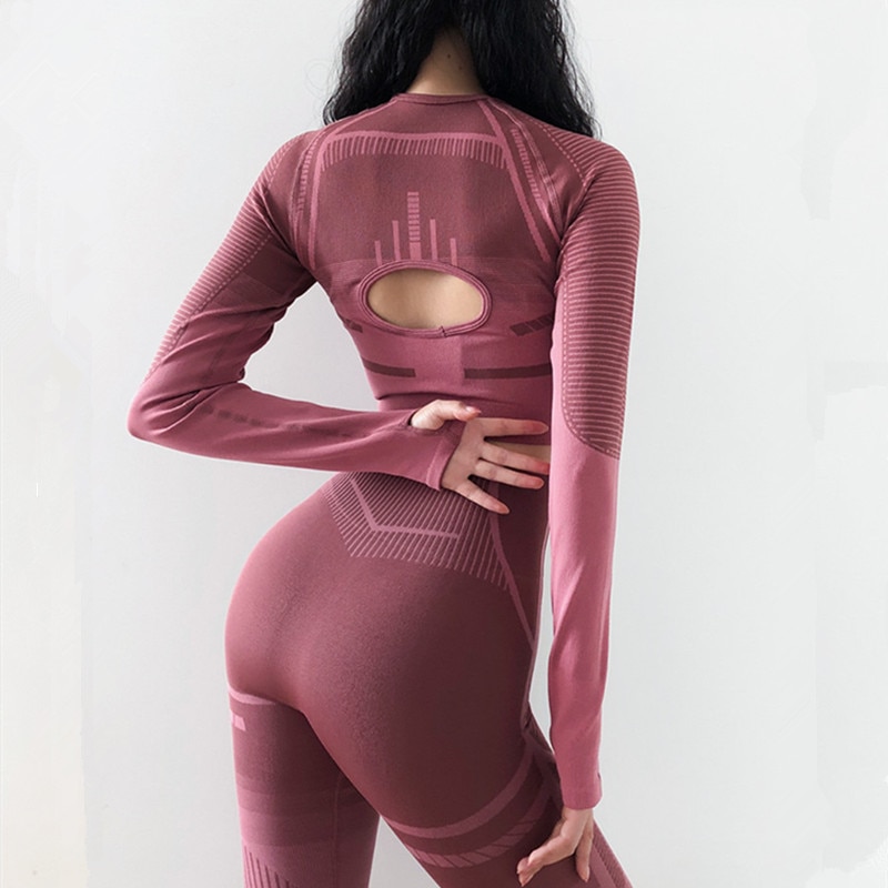 knitted Fabric Seamless Running Set Women High Strength Sports Tight Top+ High Waist Elastic Running Leggings Sports Suits