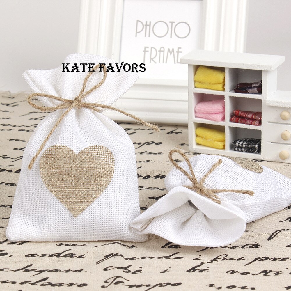 1 PC 10x14CM Hochzeit Taschen Schmuck Tasche modisch Weiß Natürliche Leinen Kordelzug Hochzeit Favor Taschen Beutel herz bilden