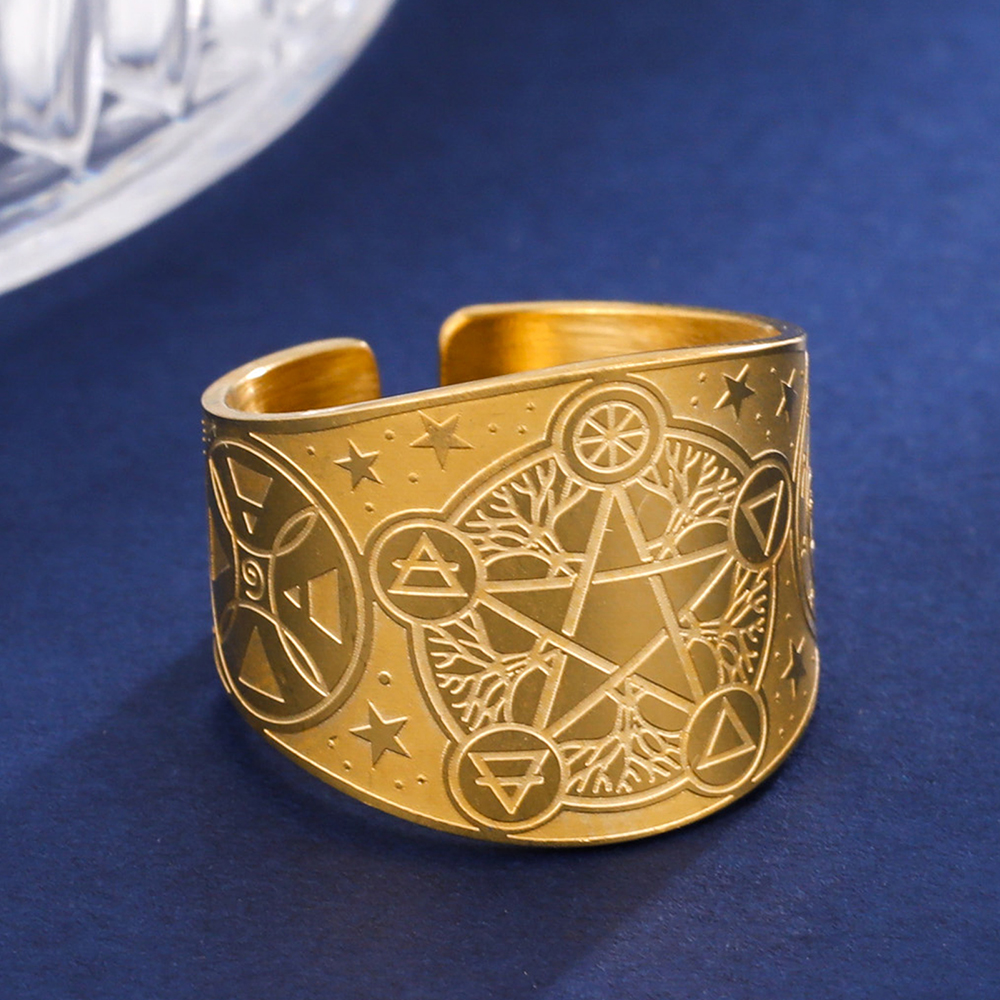 Anillo de tetragrammatón con pentagrama de brujería, anillo de dedo con pentáculo de acero inoxidable para hombres, amuleto de protección de energía antigua, joyería: 8 / Multicolor
