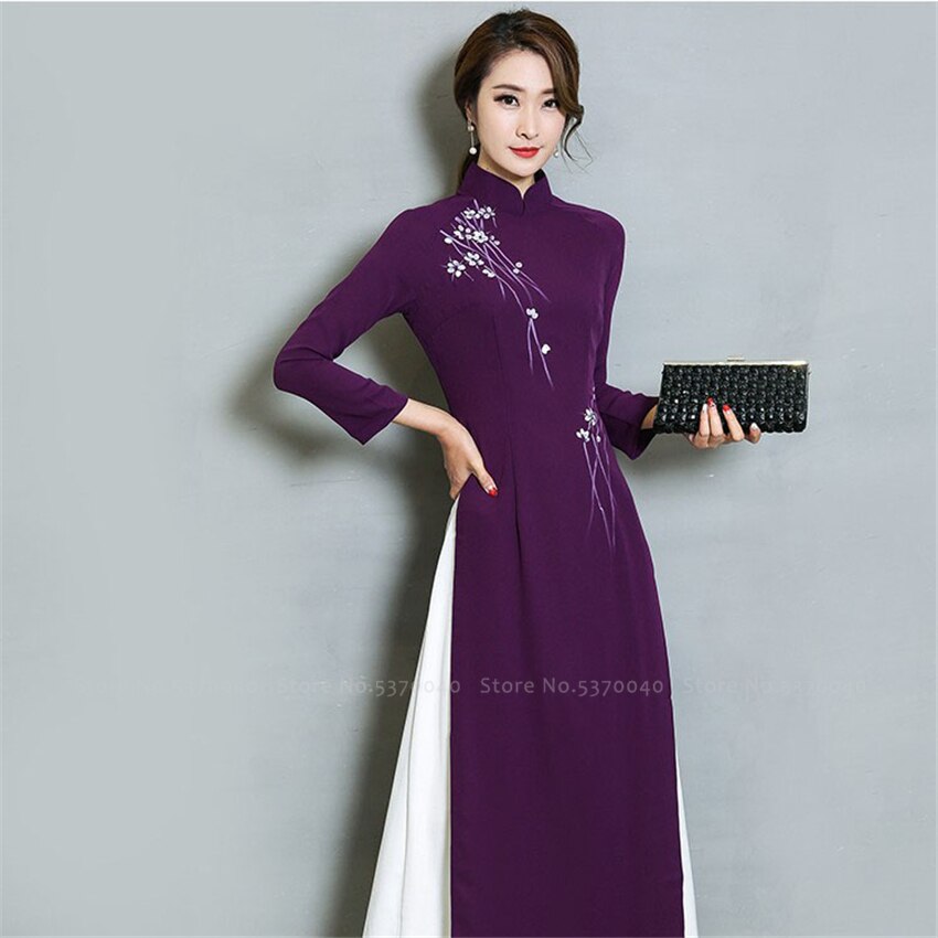 Vietnam stil blomster kinesisk qipao tradisjonell cheongsam fest formell kjole for kvinner hanfu asiatiske klær ao dai vestidos antrekk: Lilla kjole / Xxl