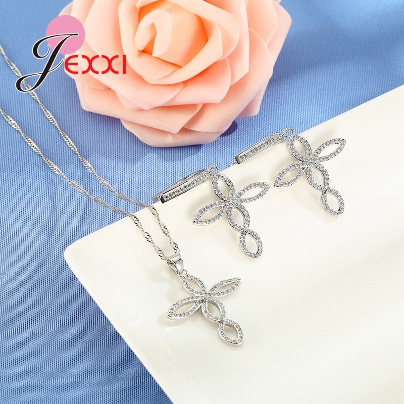 Bruiloft Sieraden Sets Voor Vrouwen Bruiden 925 Sterling Zilver Met Kruis Oorbellen Ketting Hanger Bruids Sieraden Set