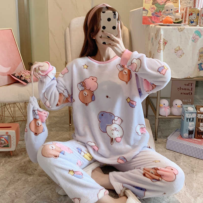 Xizou winter dames pyjama's dikke flanellen pyjama sets print dikke warme pyjama mujer meisje nachthemd lange broek nachtkleding