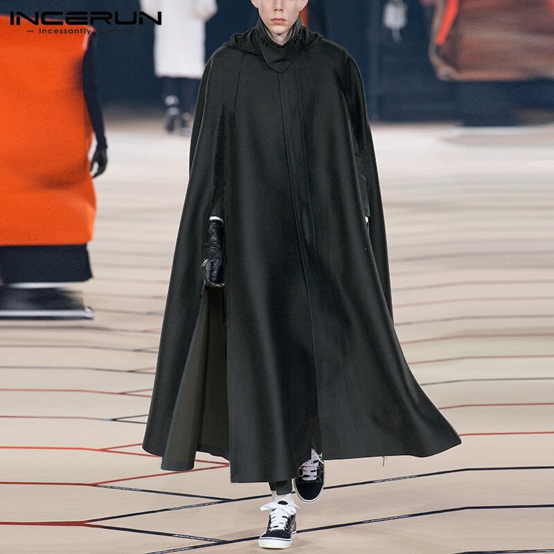 INCERUN Männer Mantel Mäntel Streetwear Lose Einfarbig Stehen Kragen Split Herren Graben Cape Chic Lange Stil Poncho S-5XL