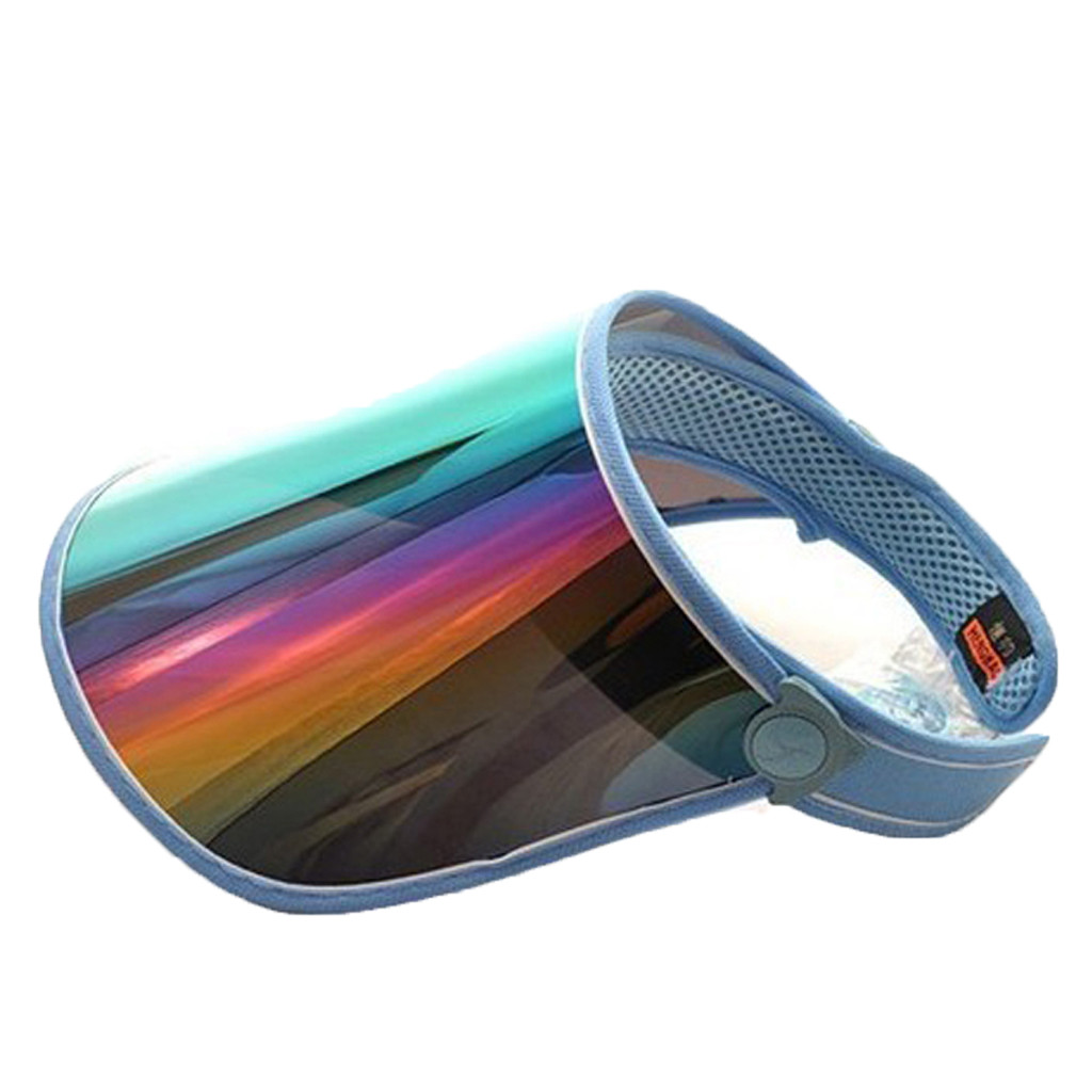 Visera vacía de verano para mujer, gorra de plástico con de arcoíris, Panel de protección UV, visera grande con visera ancha, gorra de playa para motocicleta #0323y30: Azul