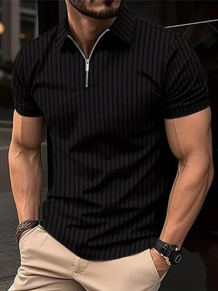Camiseta Polo informal de negocios ligera de manga corta a la a rayas de verano para hombre, camiseta de manga corta de oficina elástica sólida con media cremallera
