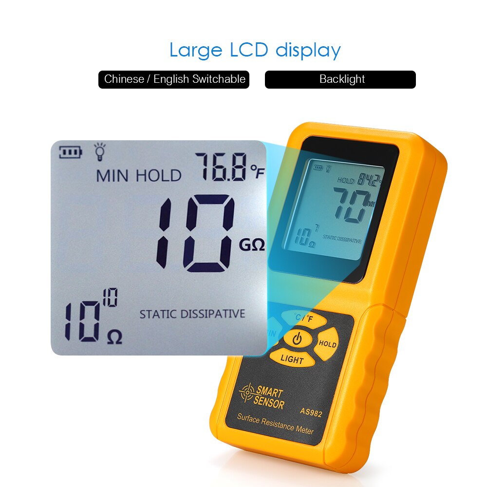 SMART SENSOR AS982 Resistance Meters Handheld LCD Surface Resistance Meter Tester Temperature Measurement Data Holding Function