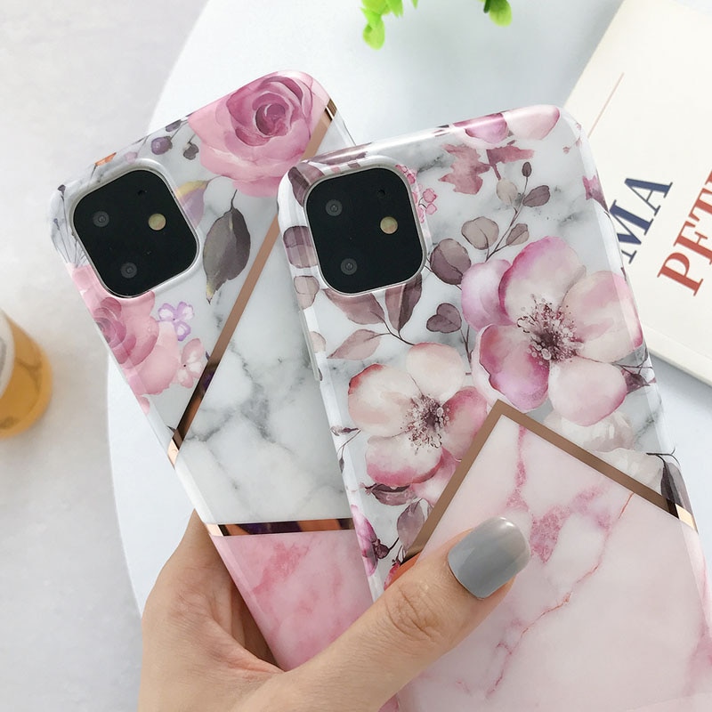 USLION Electroplate Marble Flower Phone Case For iPhone 11 Pro Max X XS XR Xs Max Cases For iPhone 6 6s 7 8 Plus Soft IMD Cover