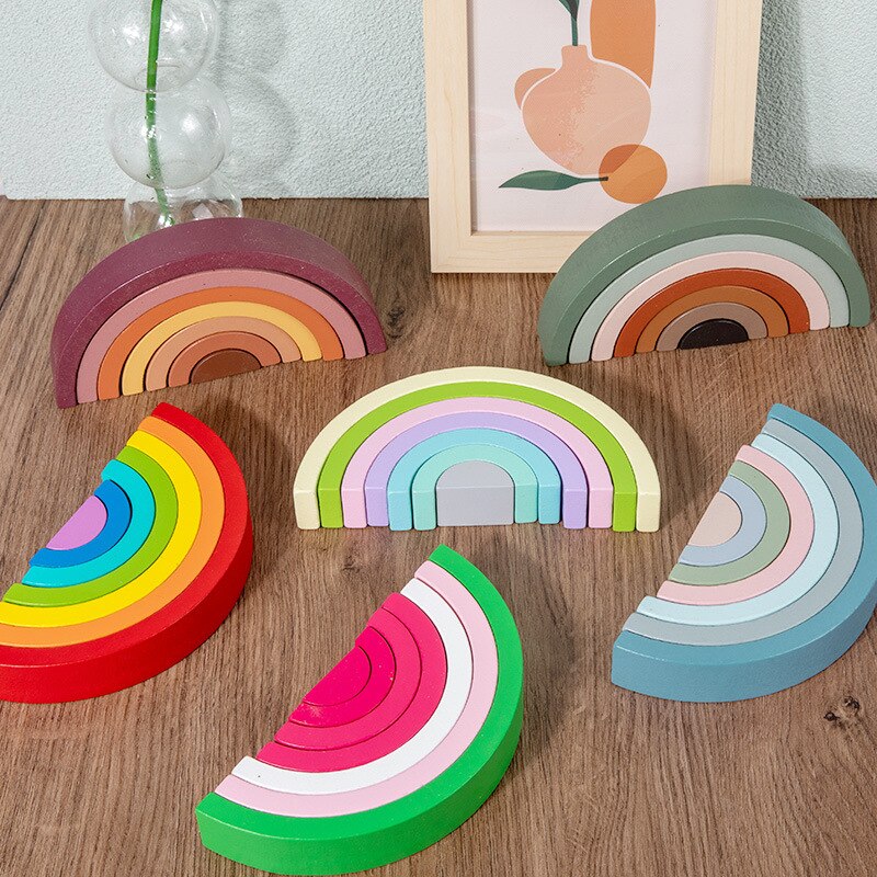 7 Stks/set Kleurrijke Macaron Houten Blokken Speelgoed Rainbow Assembleren Blokken Zuigeling Kinderen Educatief Baby Speelgoed