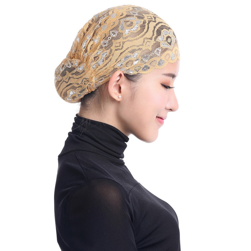 Vrouwen Moslim Stretch Kant Tulband Hoed Chemo Cap Haaruitval Hoofd Sjaal Wrap Cap: Yellow 