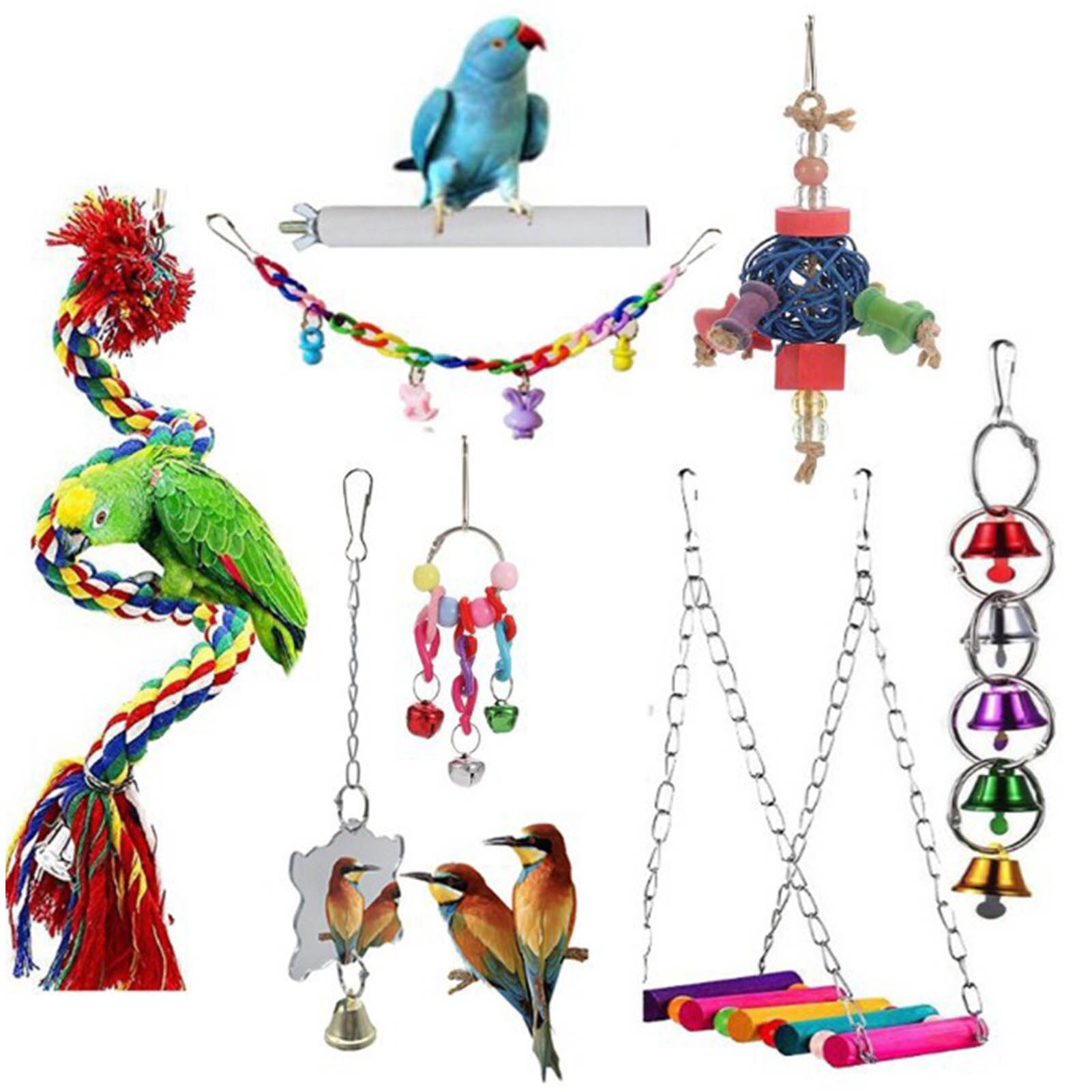 8PCS/set Bird Parrot Swing Toy Hanging Bell Ladders Bird Chew Toy Puppy Parrot Hanging Chewing Toys Bird Training Supplies: Default Title