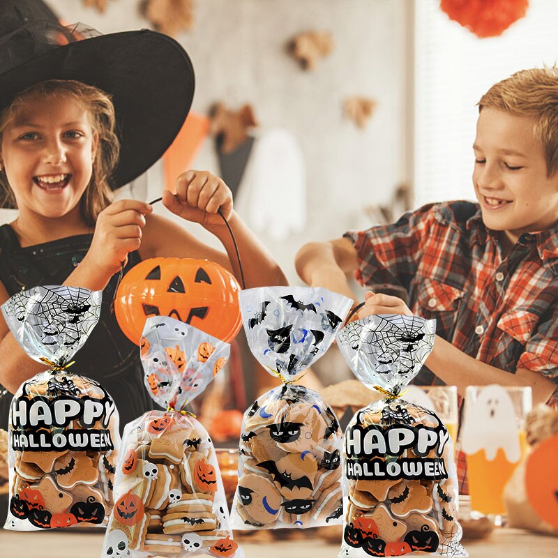 50 Stks/partij Halloween Snoep Tas Happy Halloween Traktatiezakken Koekjes Snack Plastic Verpakking Zakken Duidelijk Koekje Zak Halloween Decor