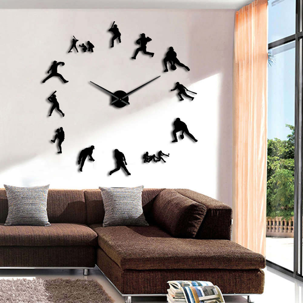 Baseball Wandklok Frameloze Diy Giant Grote Wandklok 3D Horloges Spiegel Effect Softbal Wall Art Decor Voor Woonkamer