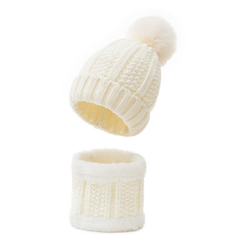 Conjunto de gorro infantil com 2 peças, gorro de pelúcia para bebês meninos e meninas quente: Branco