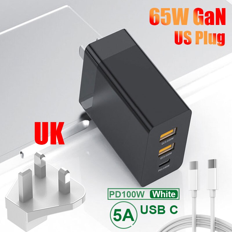 65W USB Fast Charging Adapter Universal PD Type C Quik Charge 3.0 GaN Charger For Samsung Xiaomi iPhone 12 11 Pro Mobile Phone: Black / UK-Data line