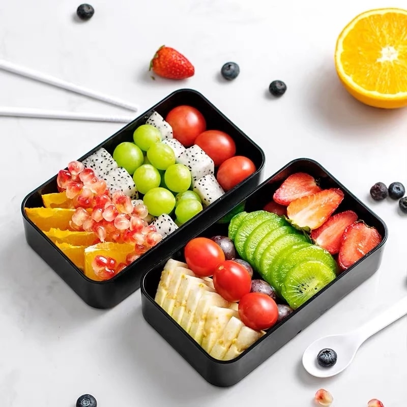 Portable Rectangular Lunch Box Double Plastic with Compartments Bento Box 1200ml Microwave Tableware Food Storage Container