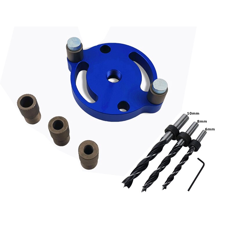 6/8/10mm loddrett lommehull jigg tre dowelling selv sentrerende bor guide kit hull puncher locator jig for trebearbeiding verktøy: Blå med borekrone