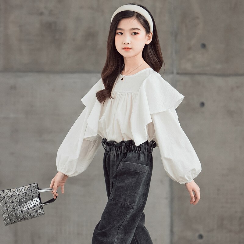 Camisas blancas de manga larga para adolescentes, blusa holgada de algodón liso con volantes, Tops coreanos para niños, ropa para adolescentes