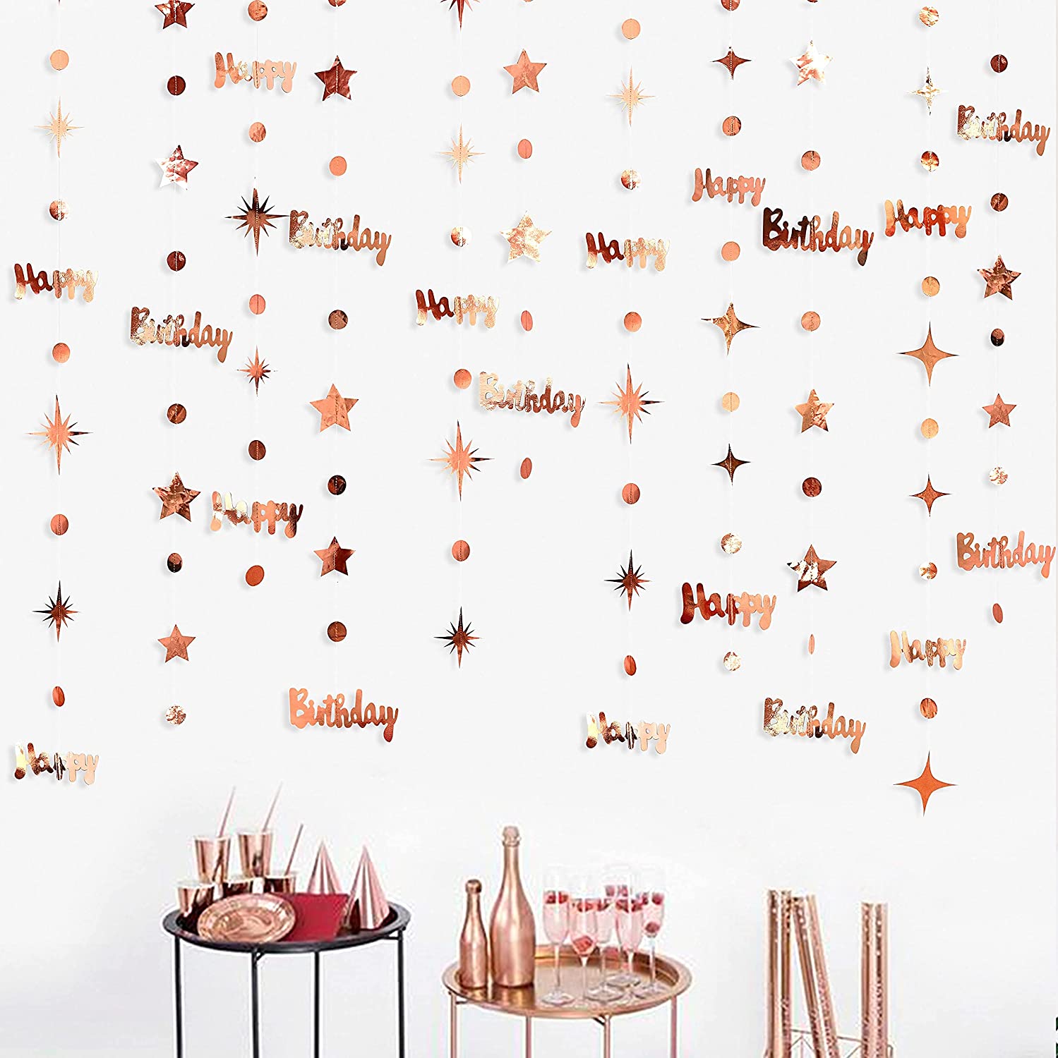 Rose Gold Number 40th Circle Dots Twinkle Star Garlands Hanging Banners for Forty Woman 40st Year Old Birthday Party Decorations