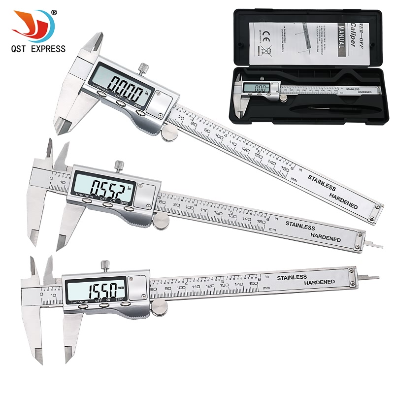 QSTEXPRESS Digital Caliper 150mm Steel Inch Electronic LCD Vernier Caliper 0.01mm Measuring & Gauging Tool Black Box QST639