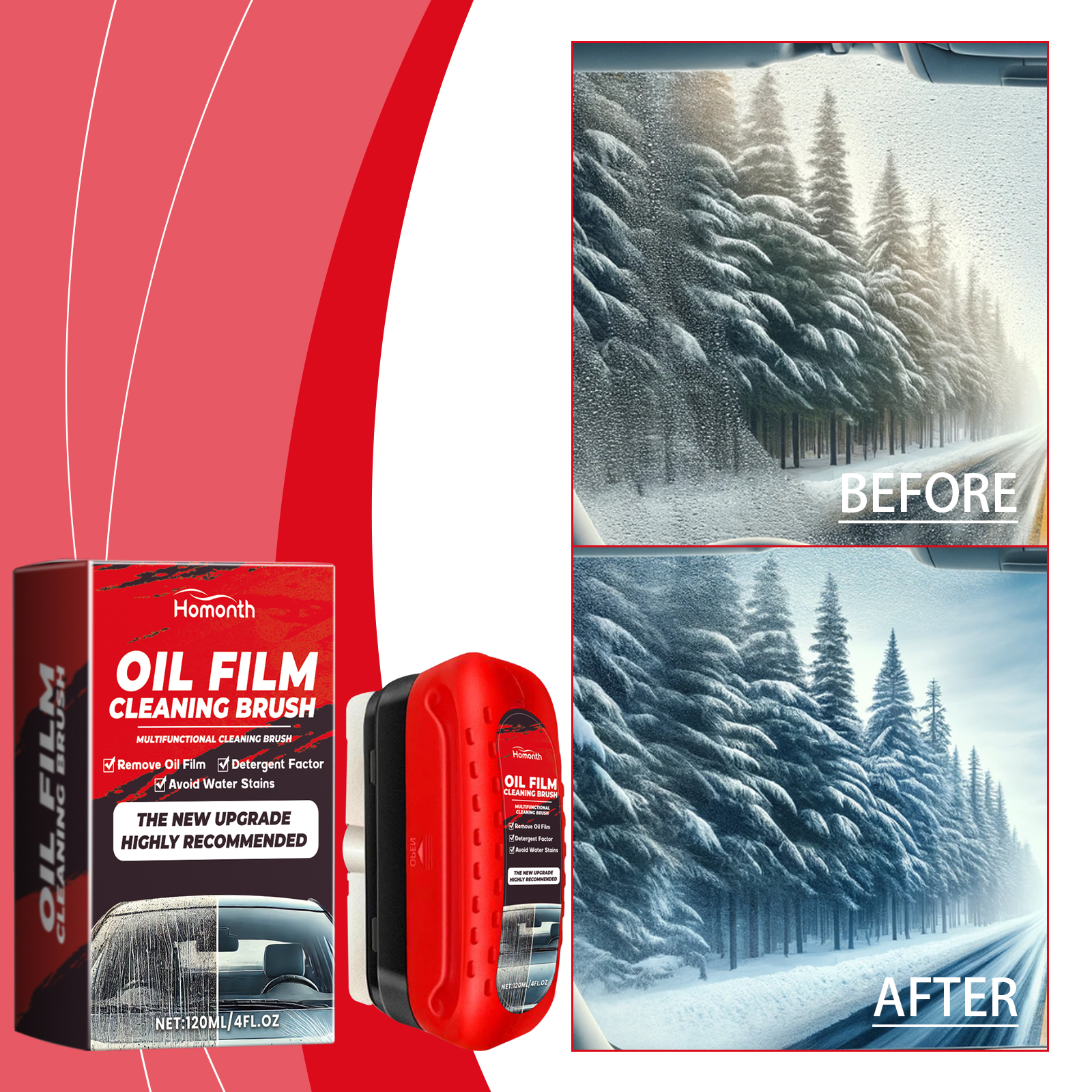 Bilrude-rens; opfriskende og dekontaminerende rengøringsmiddel til oliefilm