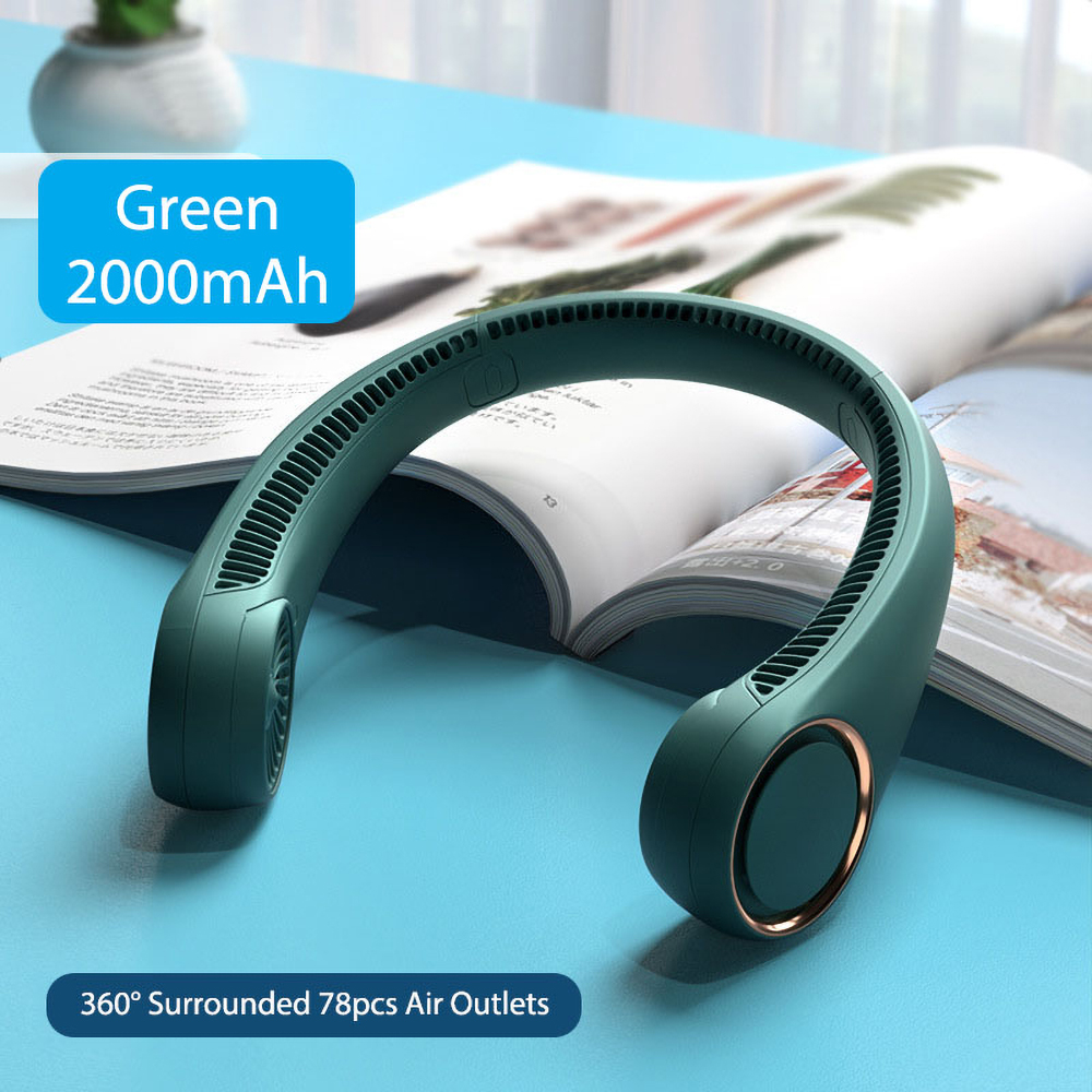 Neck Fan Rechargeable USB LED Portable Personal Cooler Hanging Neck Battery AC: green 2000 mAh