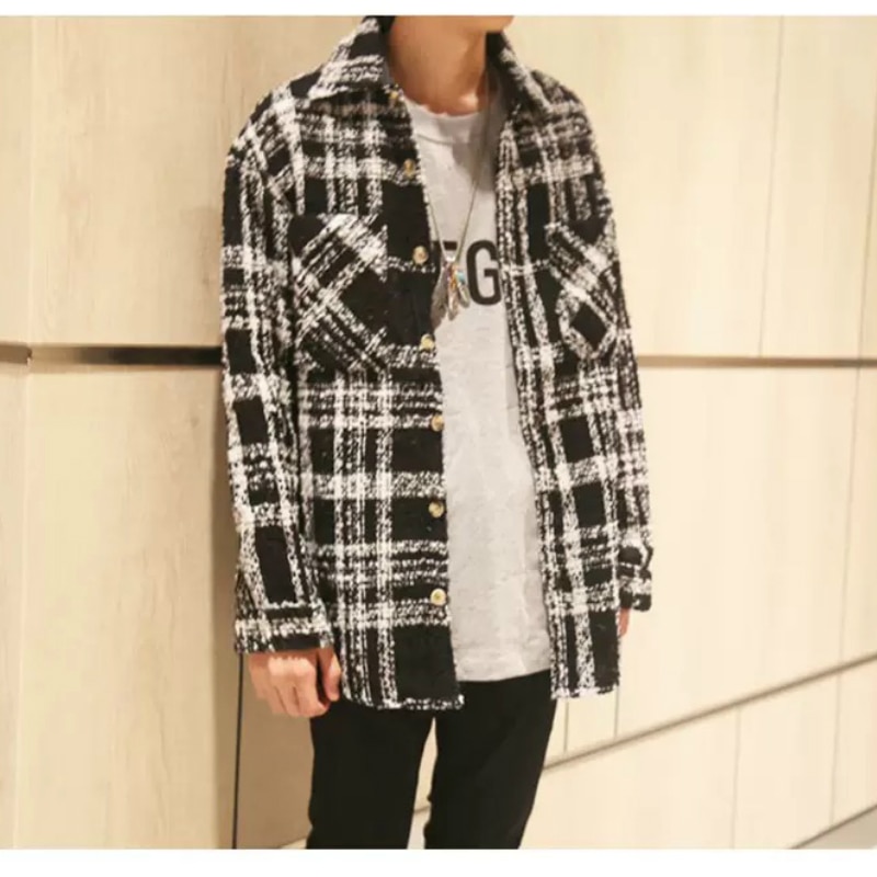 Hip hop sort/hvid ternet overtrøje efterår langærmet tweed skjorte croppede toppe streetwear