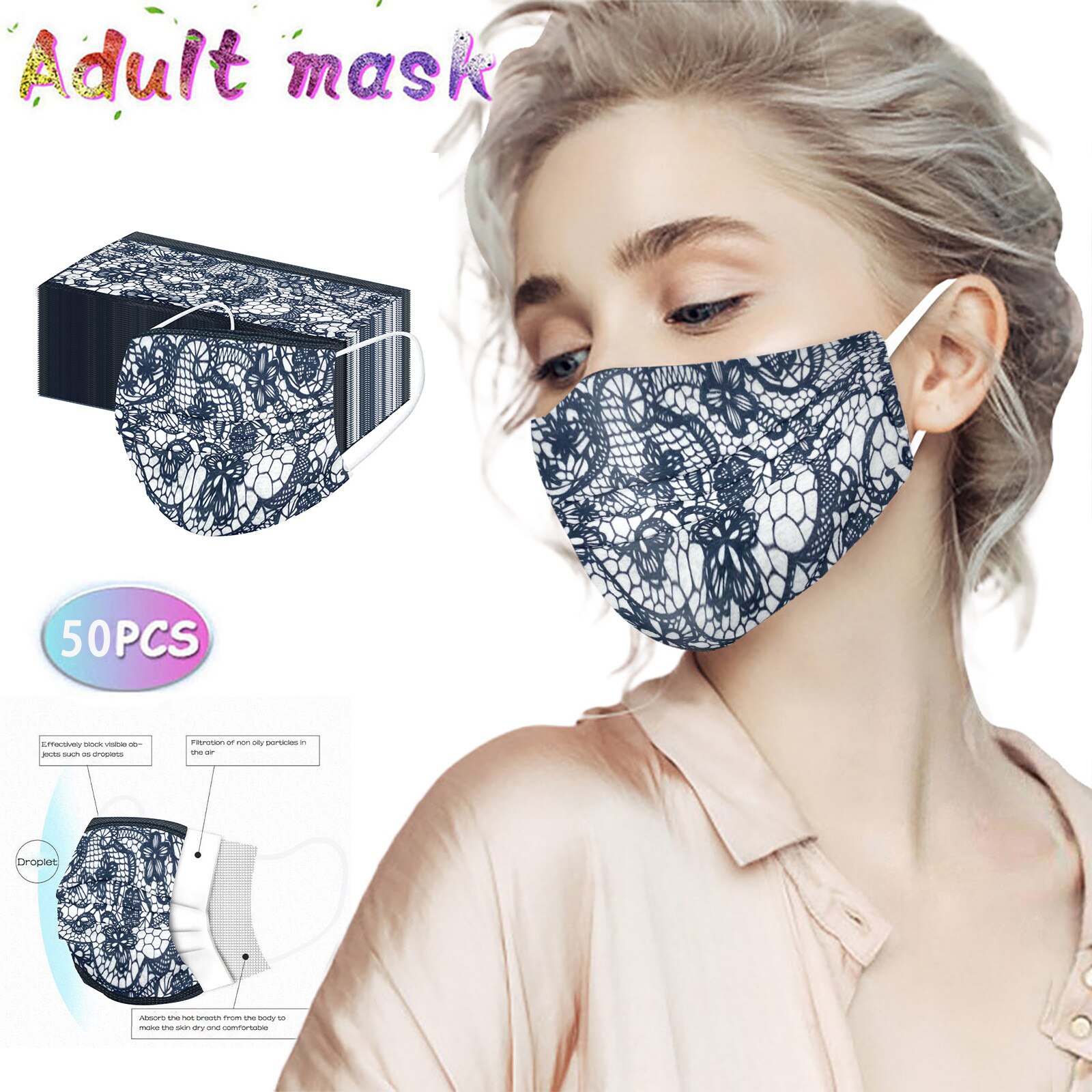 50Pc Kant High Definition Wegwerp Masker Ademend 3 -Layer Wegwerp Prints Mond Masker Cover Masque Mascara #40
