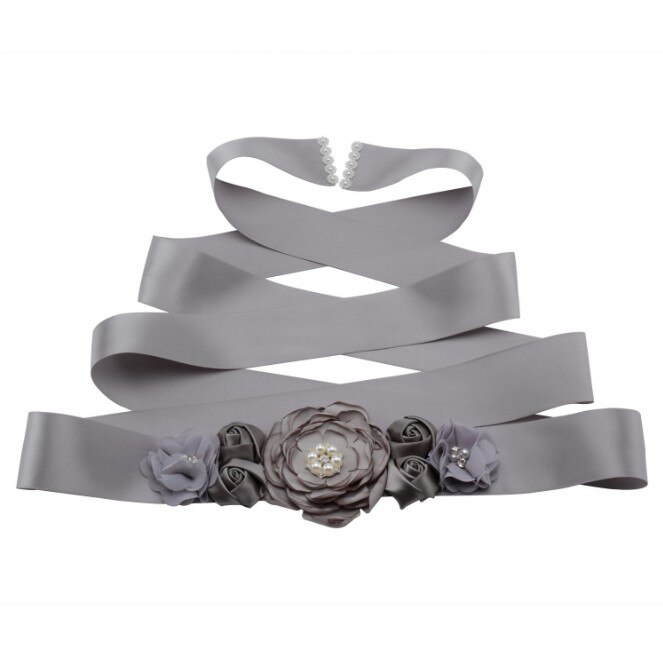 Cinturones de cintura de color verde esmeralda y melocotón para mujer y niña, cinturón largo de flores, pretina nupcial para boda, accesorios de vestido de: Gris