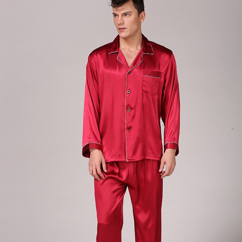 Satin Silk Long Sleeve Pyjamas Set for Mens Traditional Solid Pajamas Set Mens Pajamas pijamas para hombre: Red / XXXL