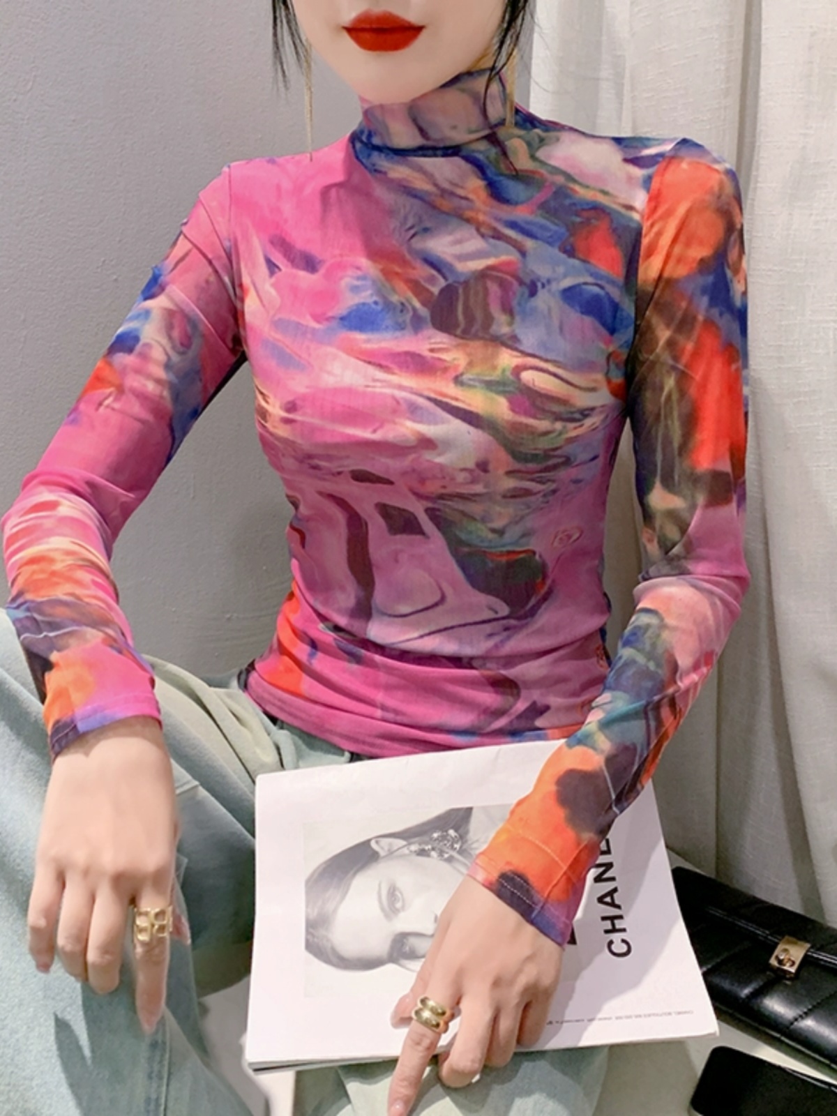 Size S-4XL Women's Long Sleeve Turtleneck Mesh T-shirt Women's Positioning Flower TShirts Female High Stretch Slim Top