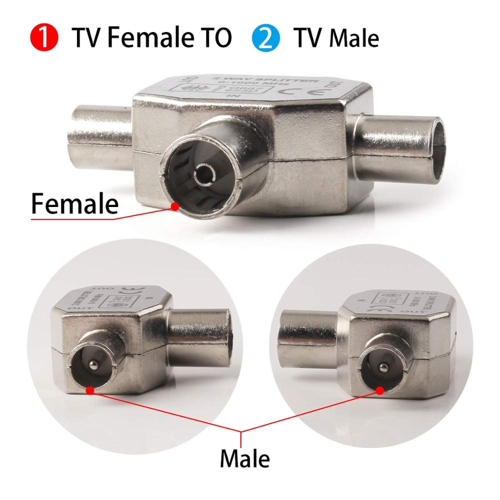 2 Way TV T Splitter Aerial Coaxial Cable Female to 2 Male Connector Adapter Coaxial Digital Signal Antenna Splitter