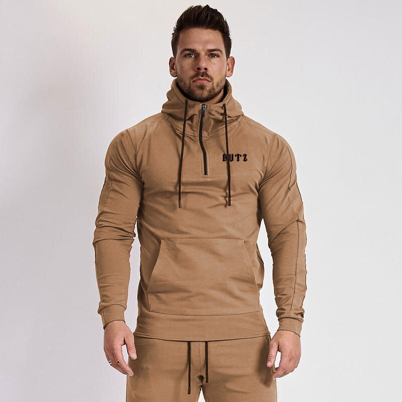 Moletom com capuz para homens, outono e inverno, estampa de letra, fitness, esporte, lazer, casaco com capuz: M / khaki