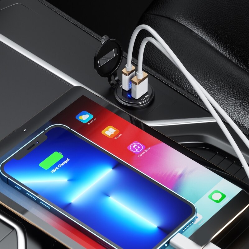 Metallenes 45w- usb-c-pd - + 18w qc3.0- usb-schnellladegerät mit spannungs-/leistungsanzeige für suv, motorrad, lkw, boot, atv
