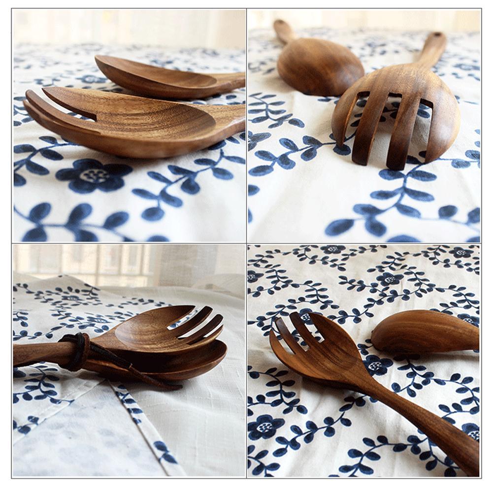 Wooden Salad Spoon Fork Large Serving Spoon Set Salad Server Wood Kitchen Utensils Long Handle Soup Spoon Ladle Tableware