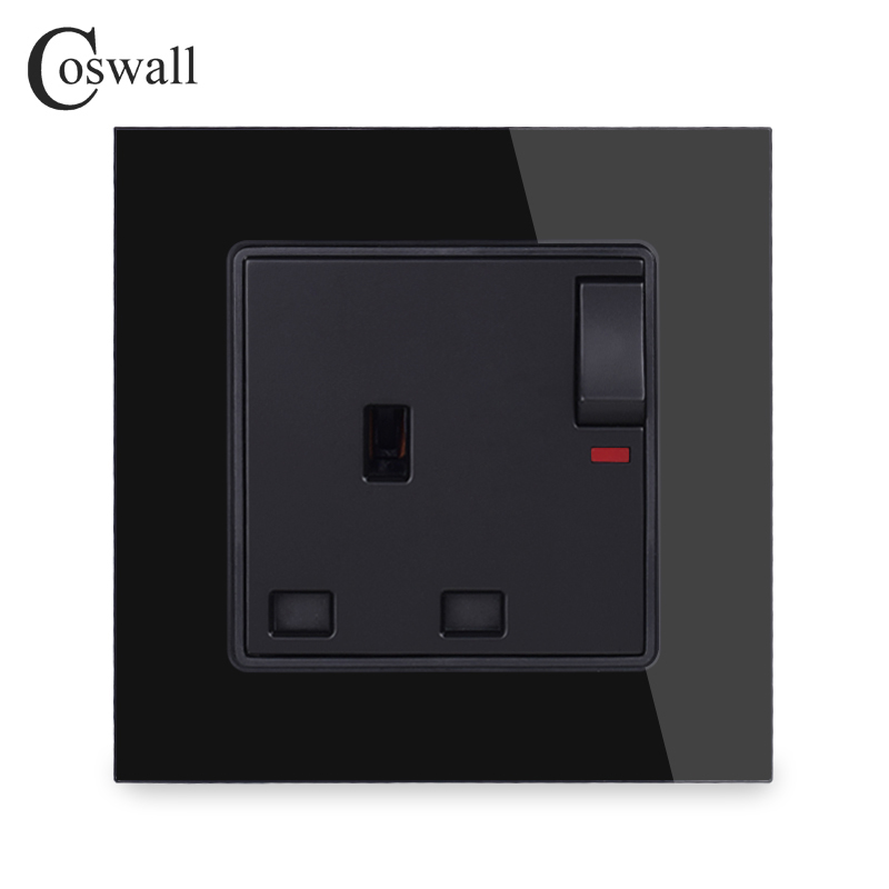 Wall Crystal Glass Panel Power UK Socket, 13A Black British Standard Electrical Outlet Switched 86mm * 86mm With Indicator