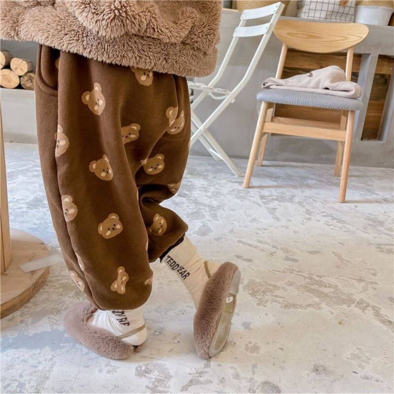 Winter Schattige Baby Beer Print Harembroek Fleece Warm Casual Broek Voor Jongens Baby Meisjes Losse Cartoon Broek kleding