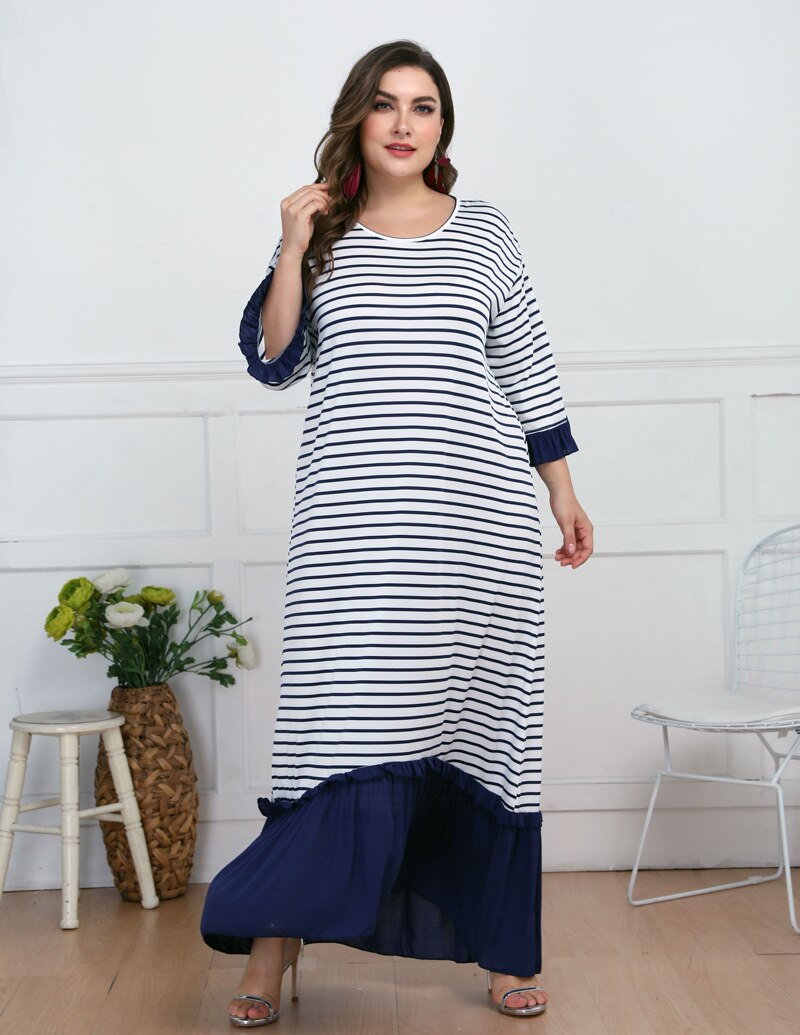 Løs oversized maxi lang kjole kvinder sommer o hals langærmet multicolor flæser kjole plus size dame tunika lange kjoler