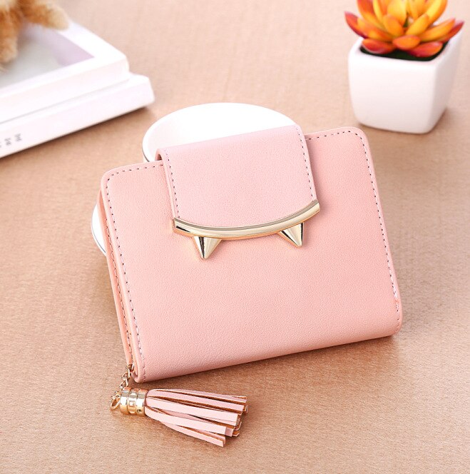 Cute Mini Wallets Women Magnetic Buckle Short Wallet Credit Card Holder Clutch Tassel Purse With Zipper Coin Pocket A2: Pink