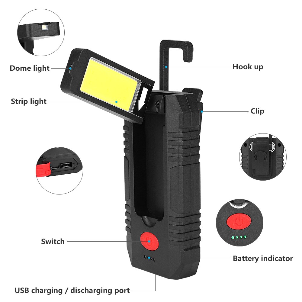 USB Rechargeable Camping Lamp With Strong Magnet Hook LED Working Light 4 Modes Light Super Bright COB LED Torch Flashlight