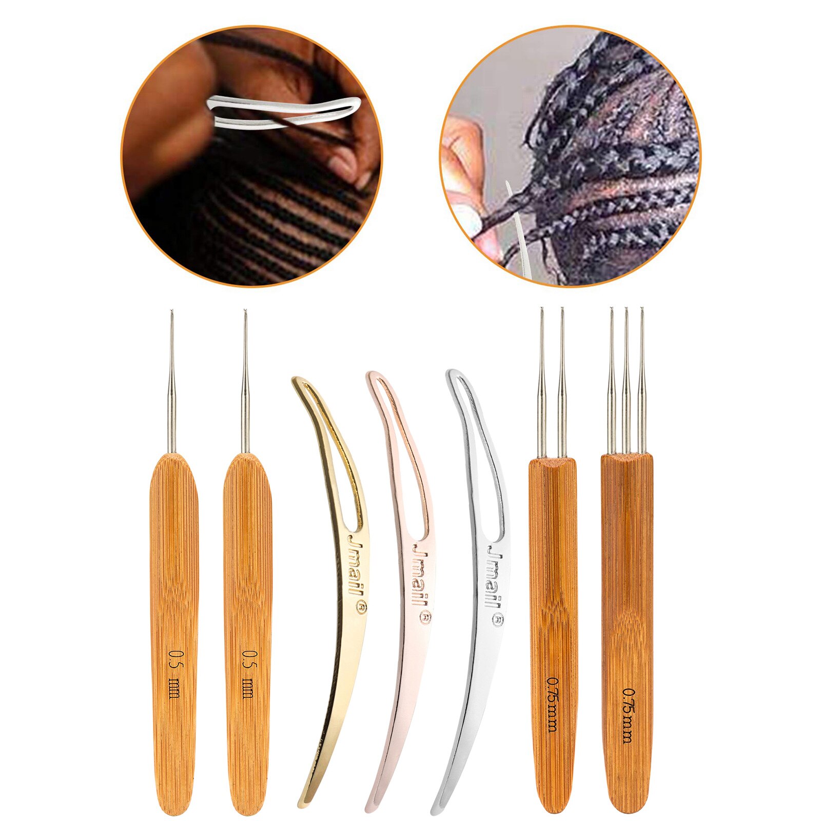 7 stk/sett profeesional dreadlock heklet bambus håndtak krok 0.5mm 0.75mm 1- kroker 2- kroker 3- kroker nål for dreads lås nål