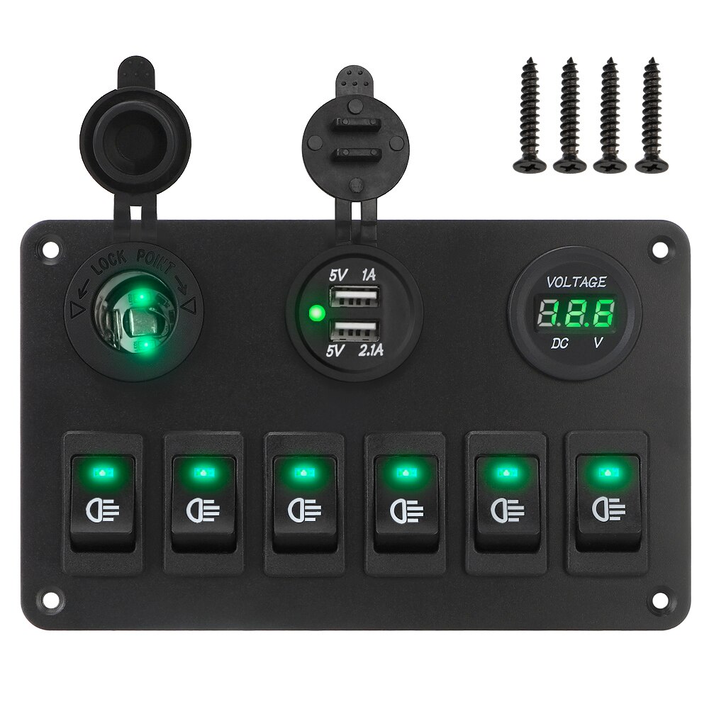 Dc 12v/24v 6/2 gangs vippekontakt panel vandtæt dobbelt usb porte led digital voltmeter afbryder tænd/sluk lys bil marine: Grøn