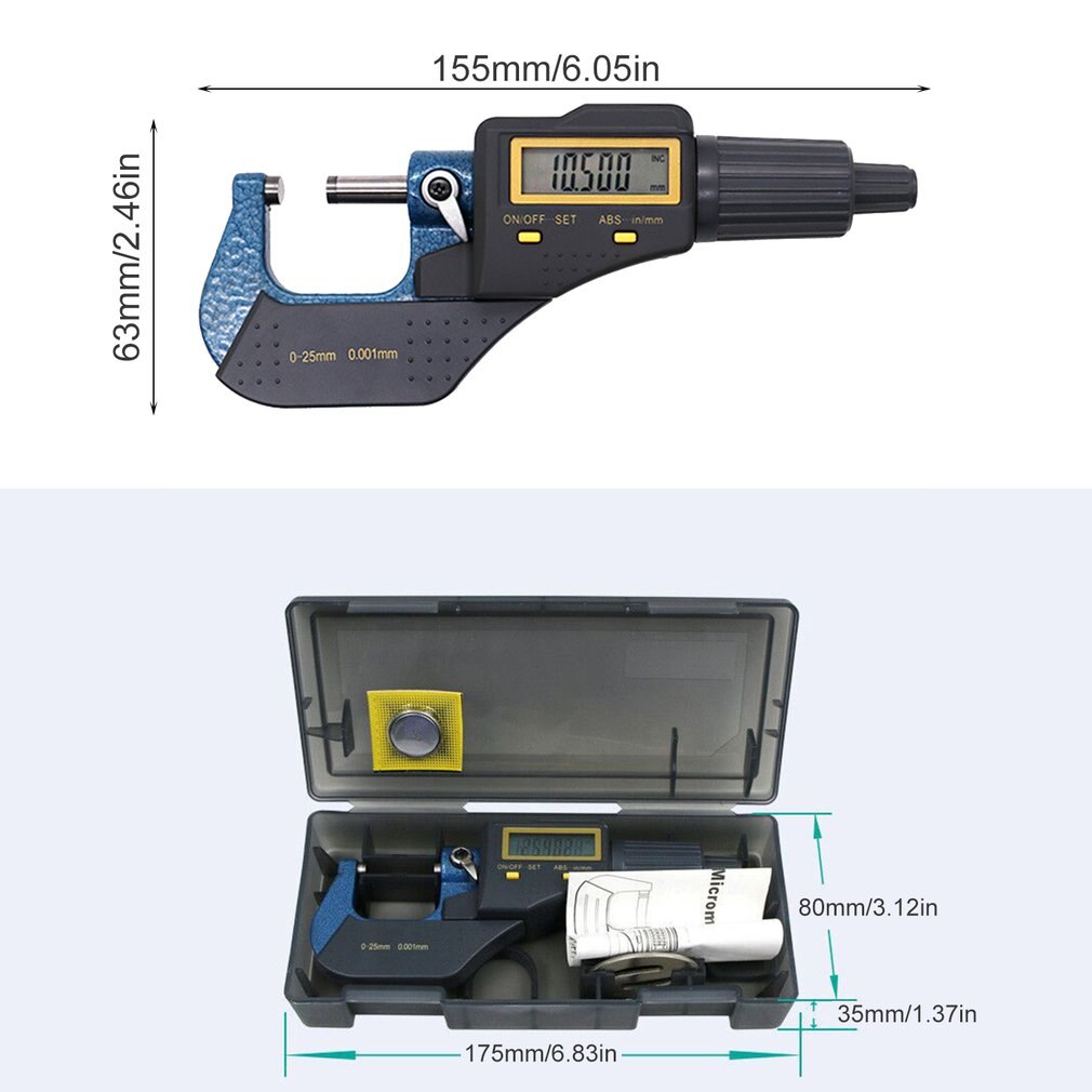 Electronic Outside Micrometer 0-25mm/0.001mm LCD Digital Gauge Vernier Caliper Meter Carbide Tip Measuring Tools